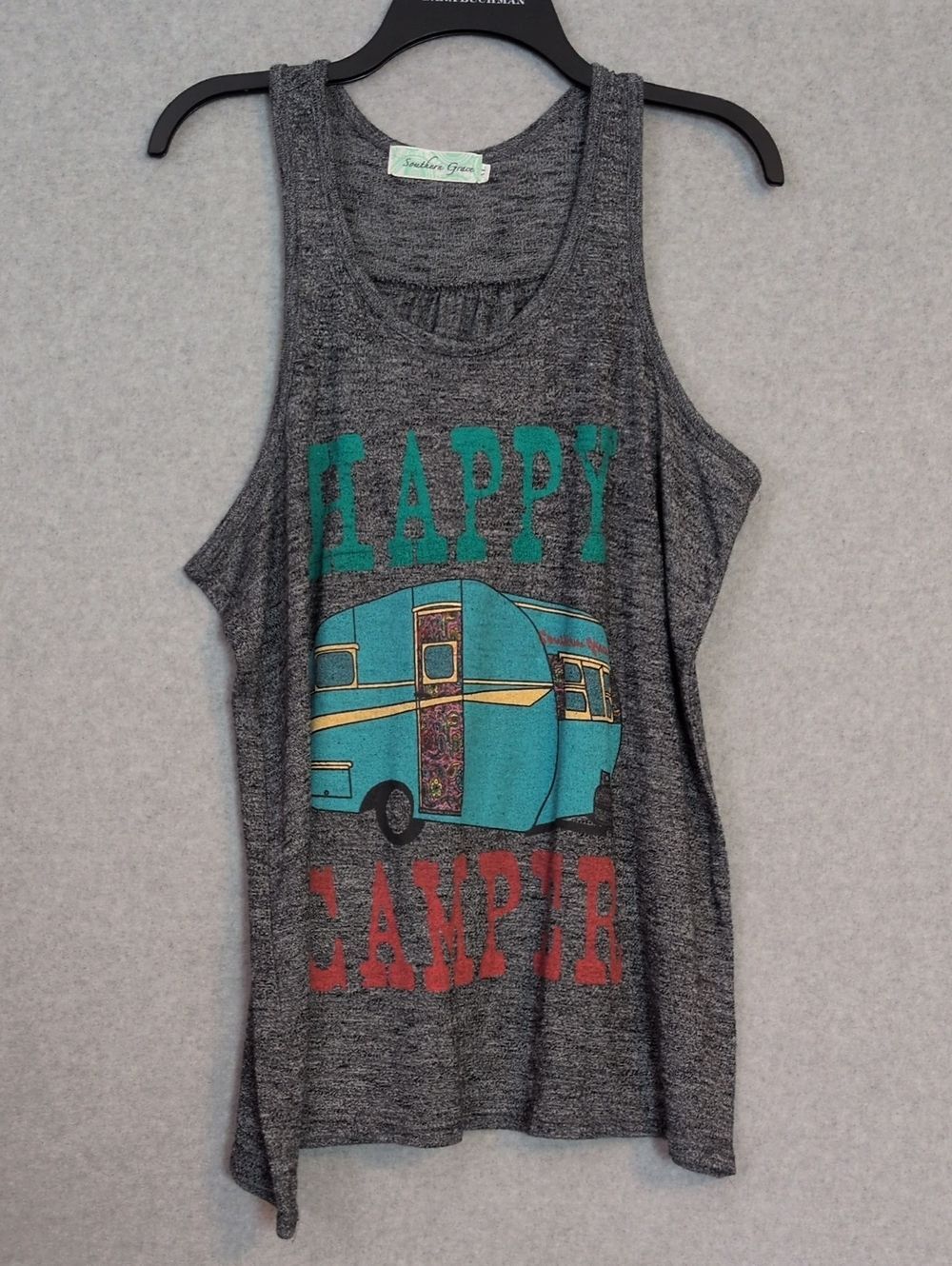 Southern Grace Happy Camper Gray Tank Women's XL